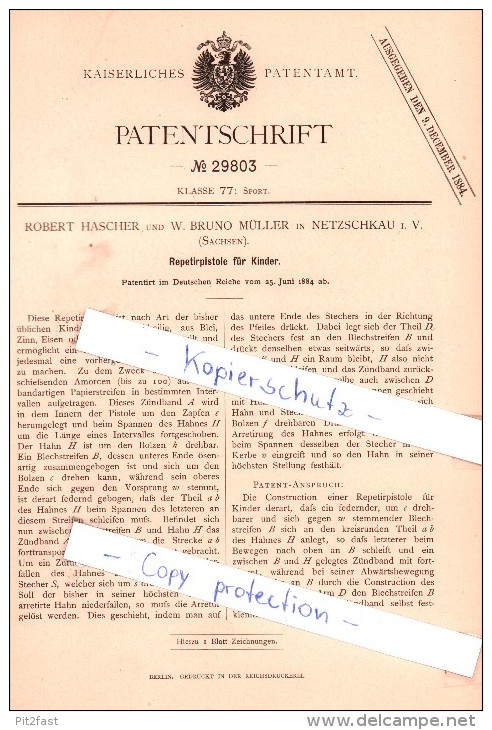 Original Patent - R. Hascher Und W. B. Müller In Netzschkau I. V. , Sachsen , 1884 , !!! - Vogtland