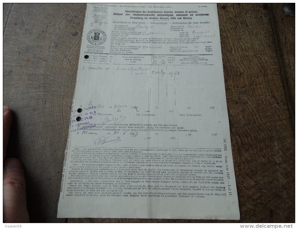 Document De Douane Bureau De Macon30/06/1937 - Transportmiddelen