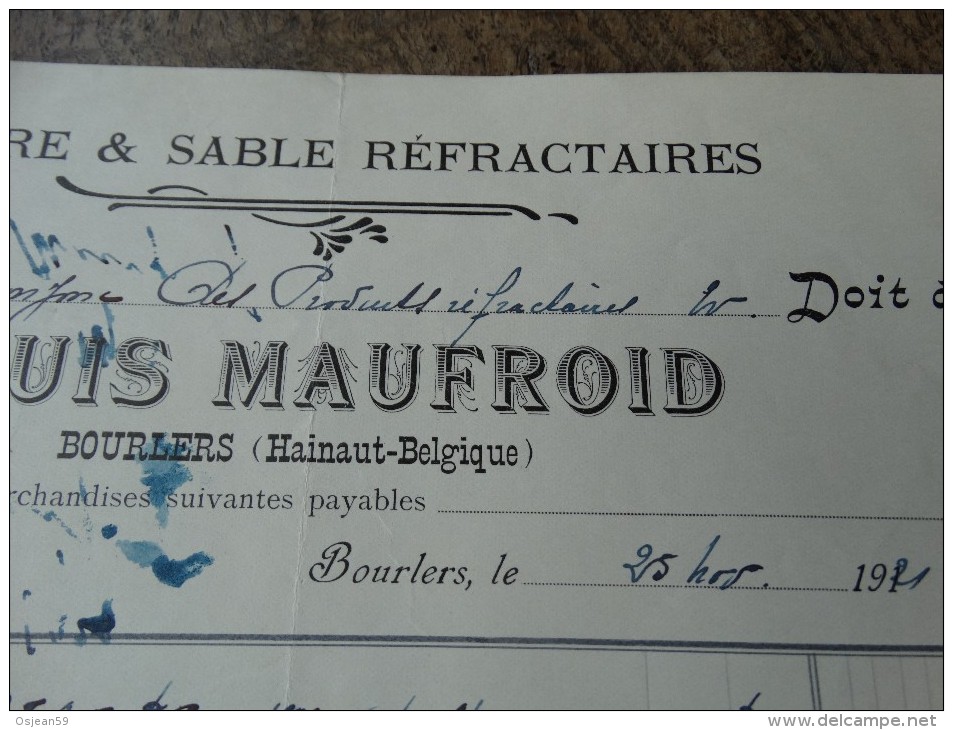 Terre Et Sable Réfractaires (Louis Maufroid) à Bourlers Facture Du 25/11/1921 - 1900 – 1949