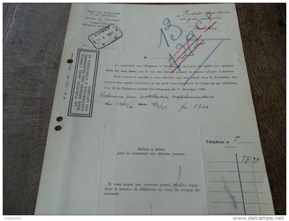 Document  -Comptabilité Téléphonique-obl Du 21/10/1937 - 1900 – 1949