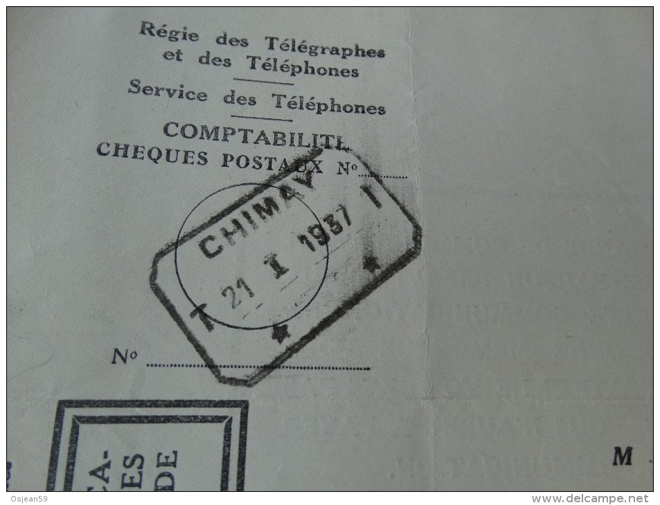 Document  -Comptabilité Téléphonique-obl Du 21/10/1937 - 1900 – 1949