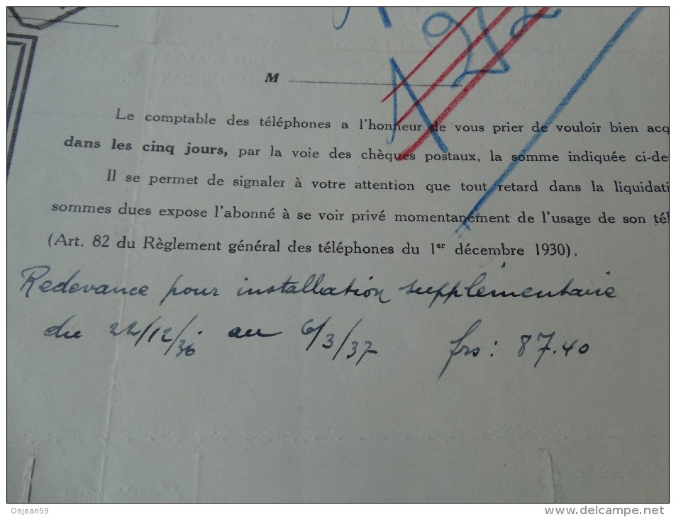 Document  -Comptabilité Téléphonique-obl Du 21/10/1937 - 1900 – 1949