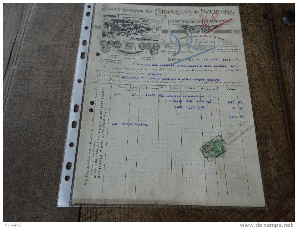 Facture Céramiques De Bourlers Du21/08/1937 - 1900 – 1949