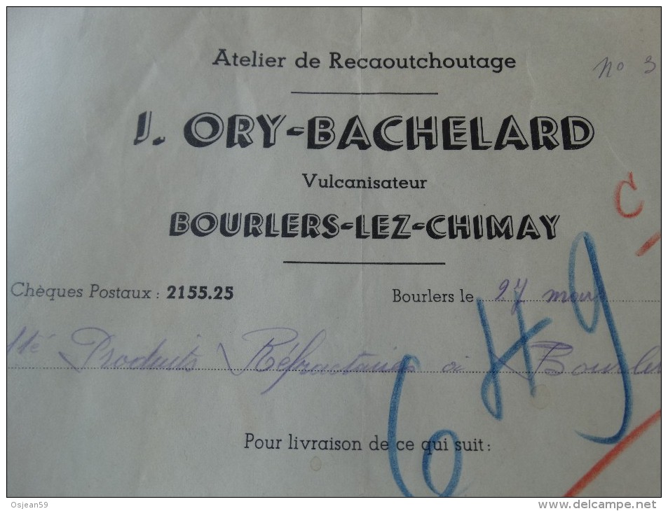 Facture Atelier De Recaoutchoutage(J.ORY-BACHELARD à Bourlers Du 27/03/1938 - 1900 – 1949