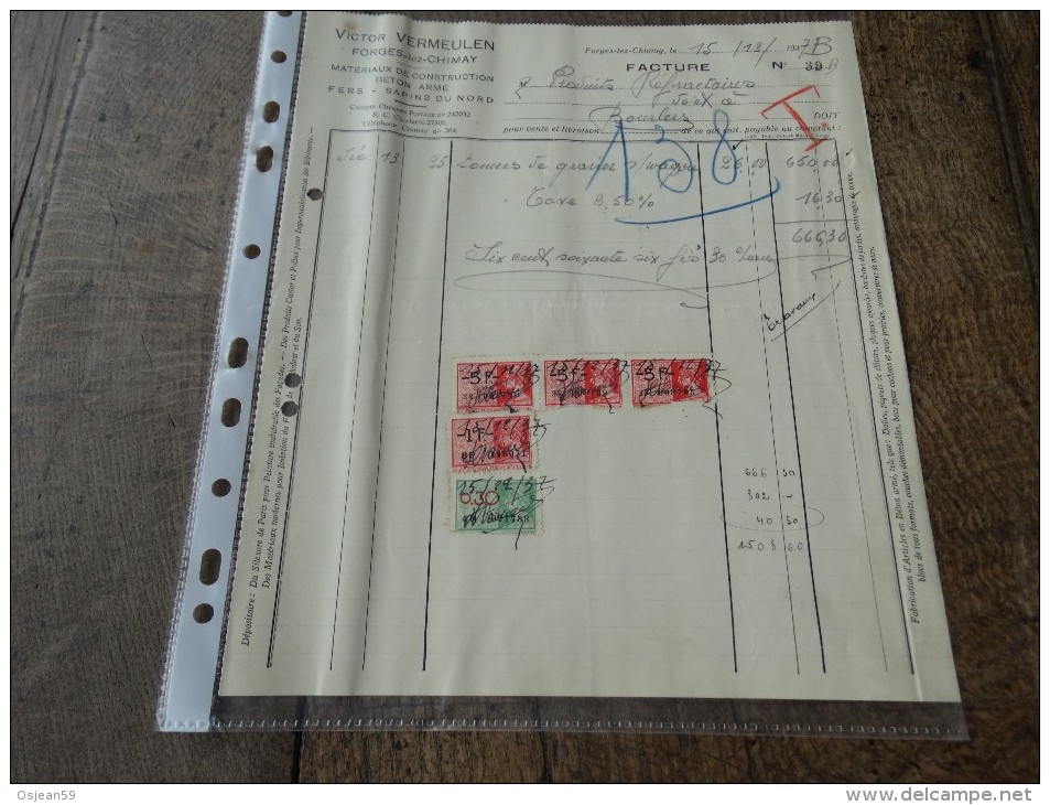 Facture Materiaux De Construction VICTOR Vermeulen(Forges) Du 15/12/1937 - 1900 – 1949