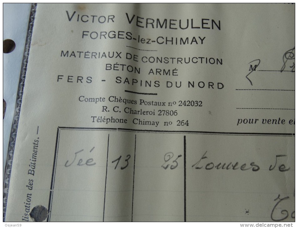 Facture Materiaux De Construction VICTOR Vermeulen(Forges) Du 15/12/1937 - 1900 – 1949