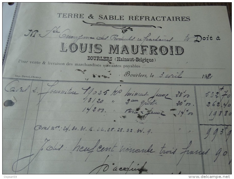 Facture Terre Et Sable Réfractaires LOUIS MAUFROID Du 03/04/1921 - 1900 – 1949