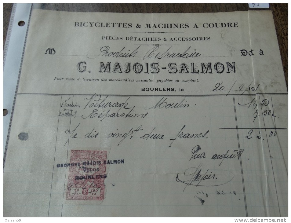 Facture De G.MAJOIS-SALMON à BOURLERS(bicyclettes Et Machines A Coudre)du 20/04/1921 - 1900 – 1949