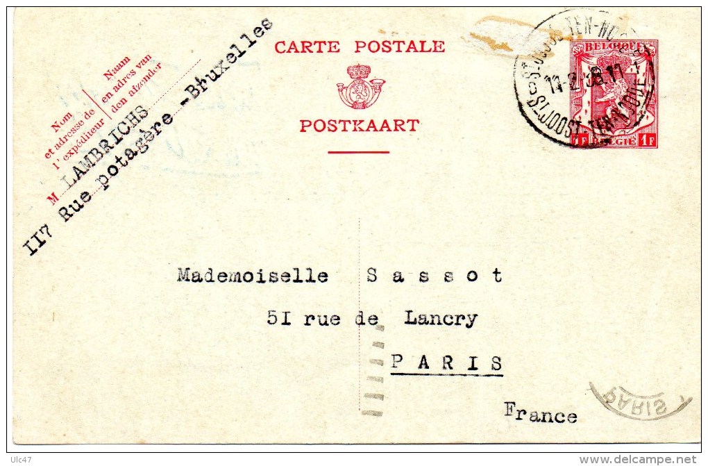 - POSTKAART Postée à BRUXELLES Pour PARIS, Année 1938 - Scan Verso - - Druck & Papierwaren