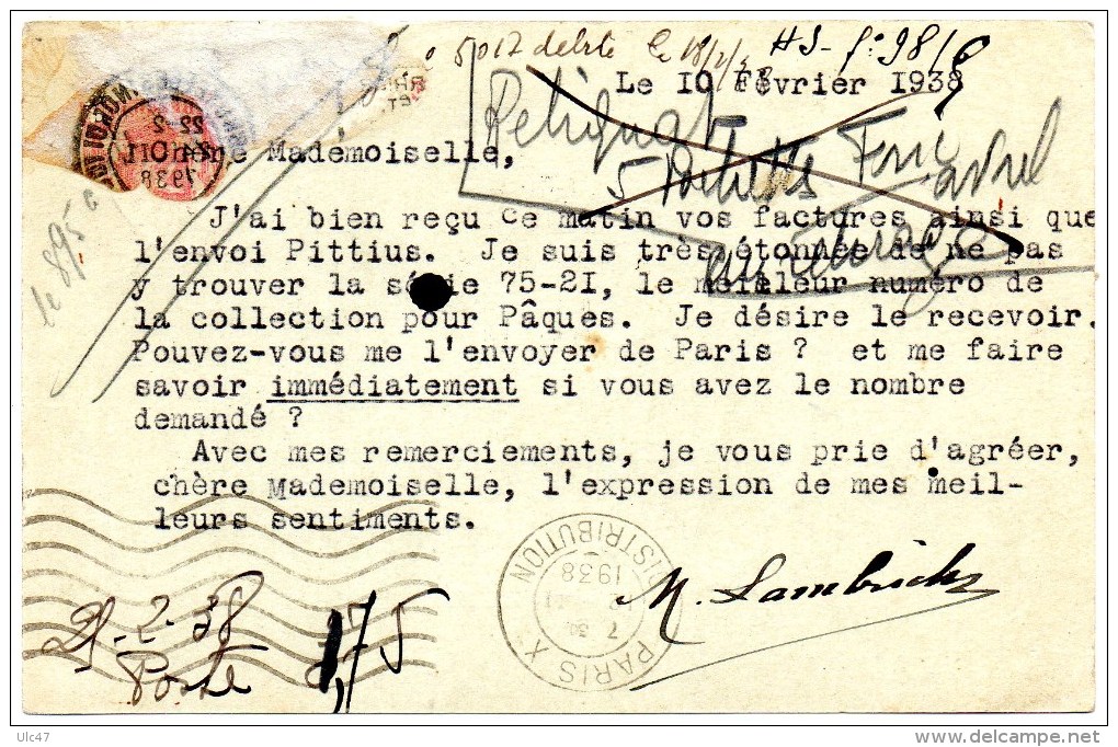 - POSTKAART Postée à BRUXELLES Pour PARIS, Année 1938 - Scan Verso - - Drukkerij & Papieren