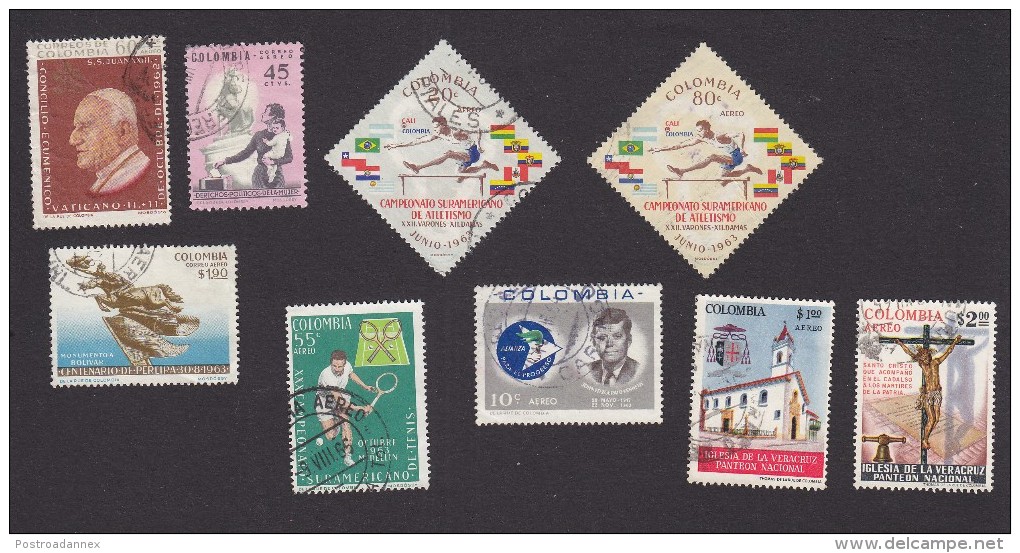 Colombia, Scott #C447, C450-C460, Used, Pope, Women's Rights, Games, Bolivar, Kennedy, Church, Issued 1963-64 - Colombia