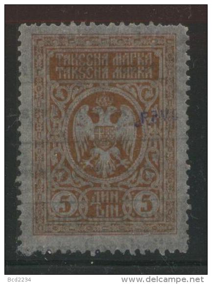 YUGOSLAVIA 1920 GENERAL REVENUE ARMS ISSUE 5 DINAR RED-BROWN PELURE PAPER BF#084 - Oblitérés