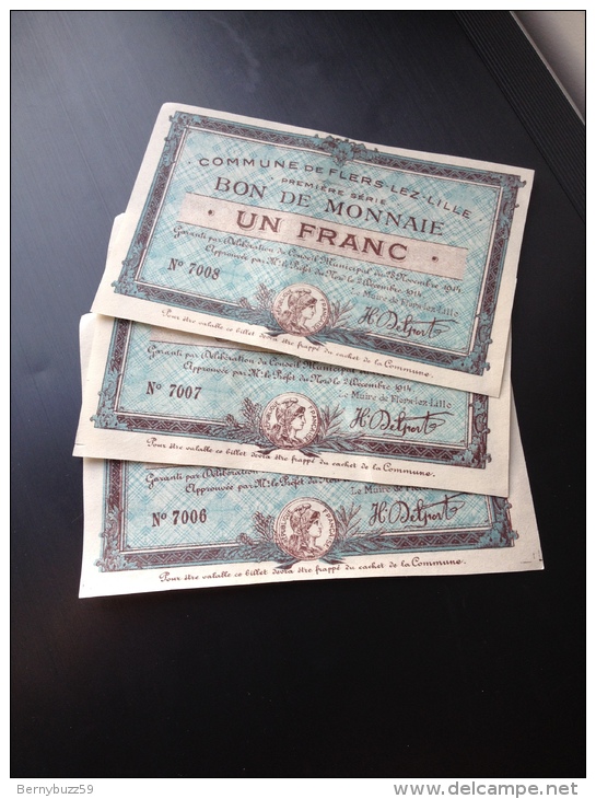 RARE Et NEUF : Serie De 3 Billets Necessité Flers Lez Lille Numeros Consecutifs 1914 - Bonos