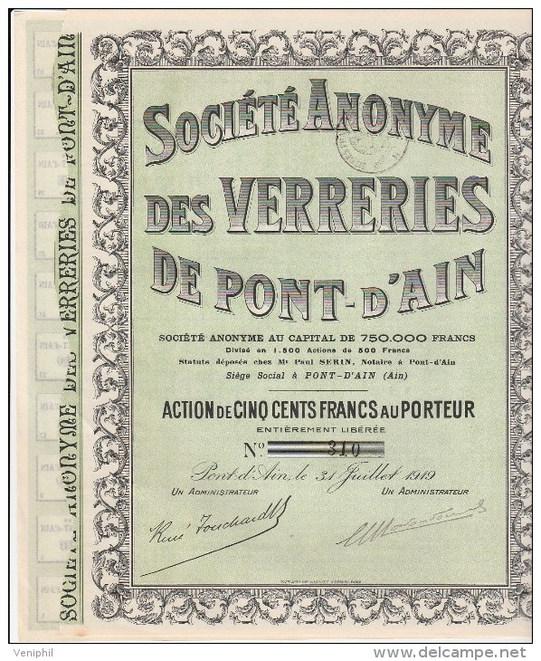 SOCIETE ANONYME DES VERRERIES DE PT D´AIN - ACTION DE 500 FRS - DIVISE EN 1500 ACTIONS -1919 - Industry