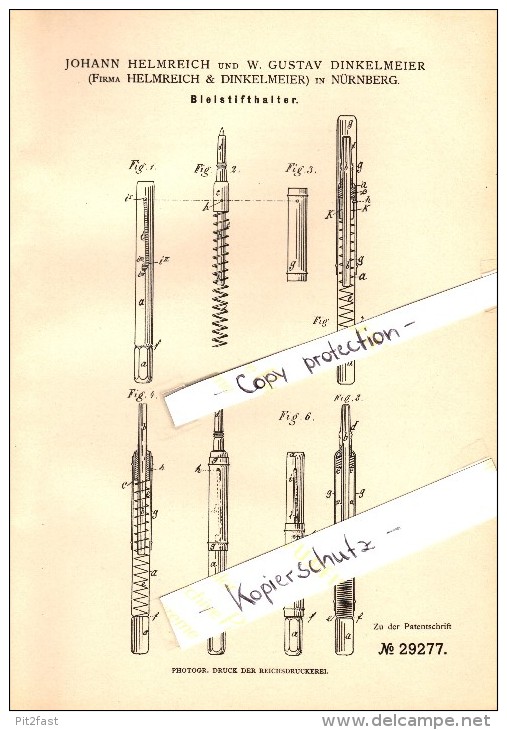 Original Patent - J. Helmreich Und W. Dinkelmeier In Nürnberg , 1884 , Bleistifthalter , Bleistift !!! - Pens