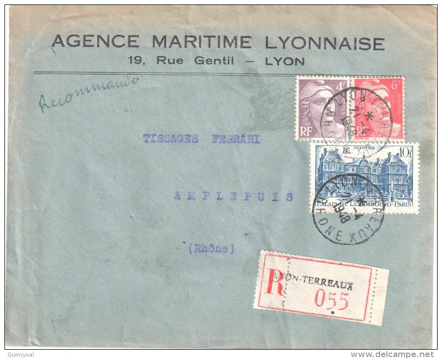 3091 LYON TERREAUX Rhone Lettre Recommandée Luxembourg Gandon 4 F Violet 6 F Rouge Etiquette Yv 718 721 760 Ob 21 4 1948 - Covers & Documents