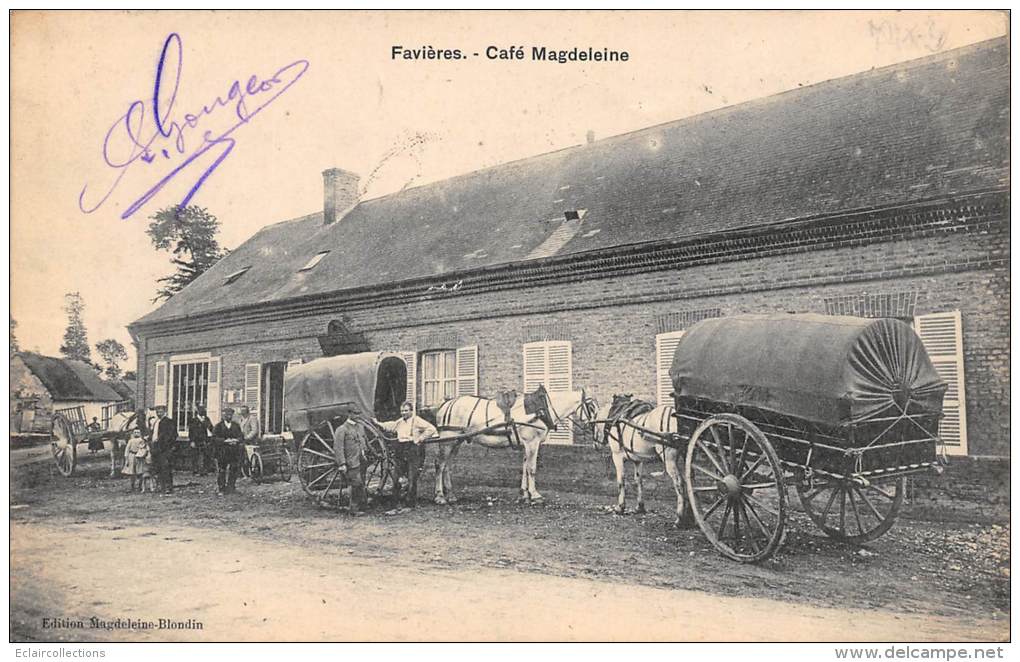 Favières    80        Café Magdeleine  2 Attelages Chevaux Avec Carrioles - Autres & Non Classés