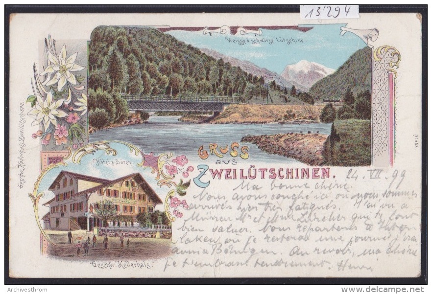 Gruss Aus Zweilütschinen - Gündlischwand Litho. Weisse & Schwarze Lütschine, Hotel Z. Bären, Kellerhals (13'294) - Gündlischwand