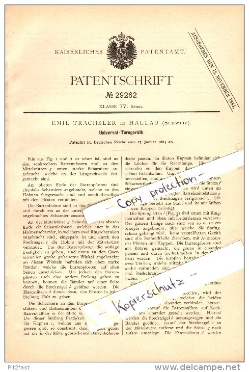 Original Patent - Emil Trachsler In Hallau , Schweiz , 1884 , Universal- Turngerät  , Turnen , Sport !!! - Hallau