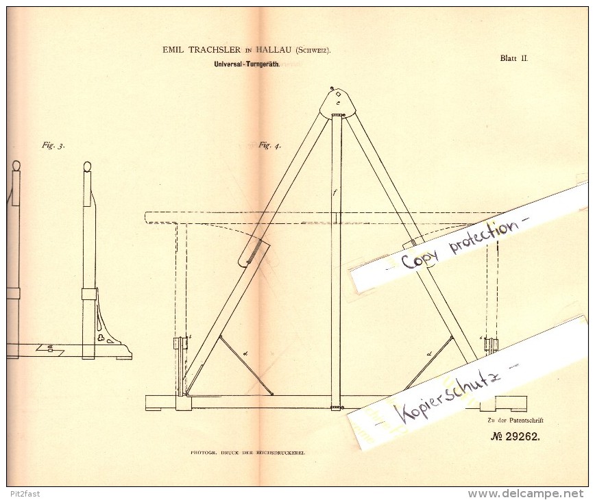 Original Patent - Emil Trachsler In Hallau , Schweiz , 1884 , Universal- Turngerät  , Turnen , Sport !!! - Hallau