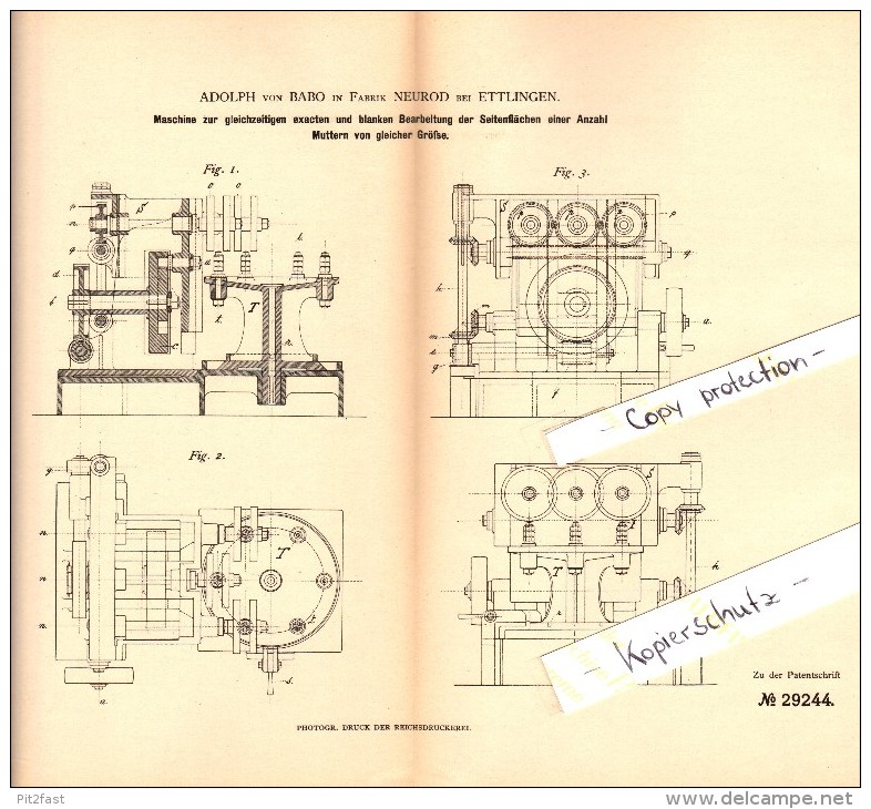 Original Patent - Adolph Von Babo In Neurod B. Ettlingen , 1884 , Maschine Zur Bearbeitung Von Muttern , Metallbau !!! - Ettlingen