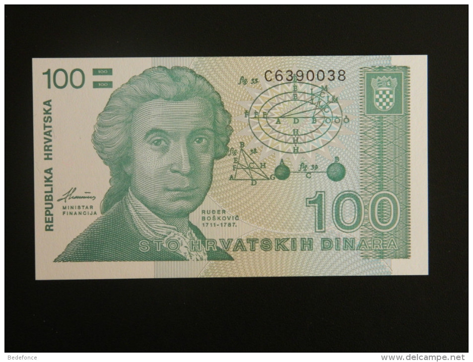 Billet - Croatie - Valeur Faciale : 100 Hrvatski Dinar - 1991 - Jamais Circulé - Motif : Ruder Boskovi - Zagreb - Croatia