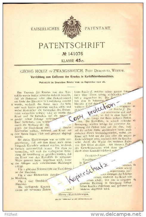 Original Patent - Georg Holtz In Zwangsbruch B. Drausnitz / Drausnest , 1901 , Kartoffel-Erntemaschine , Agrar !!! - Westpreussen