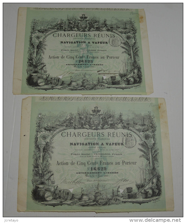 2 Titres, Chargeurs Réunis, Cie De Navigation à Vapeur En 1883, Illustrateur Lesache, Super Déco - Navigation