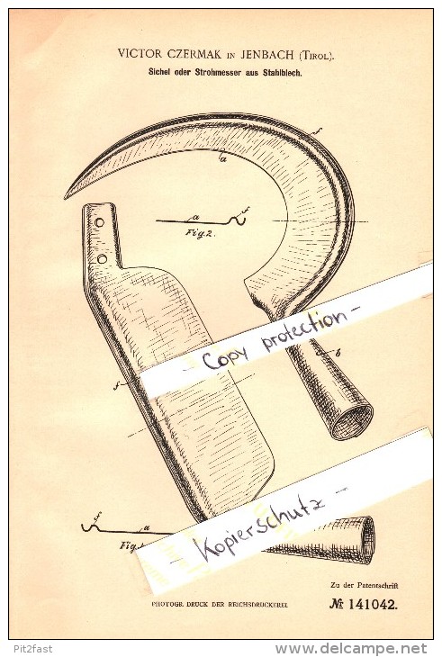 Original Patentschrift - V. Czermak In Jenbach , Tirol , 1900 ,  Sichel Oder Strohmesser Aus Stahlblech !!! - Jenbach