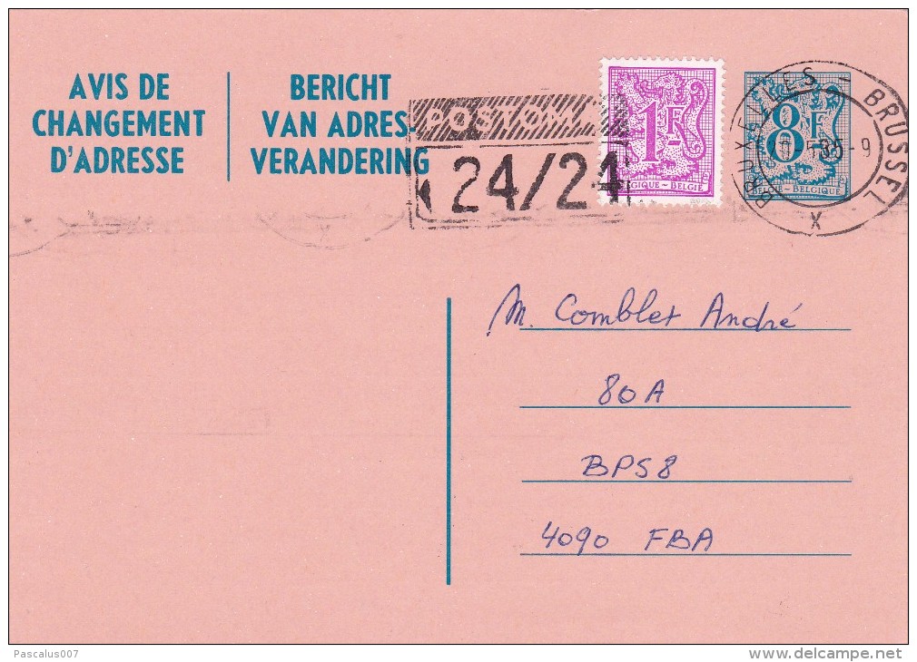 C01-151 - Belgique CEP - Carte Entier Postal - Changement D'adresse  Du 0-1-1900 - COB  - Cachet De Bruxelles X + Flamme - Addr. Chang.