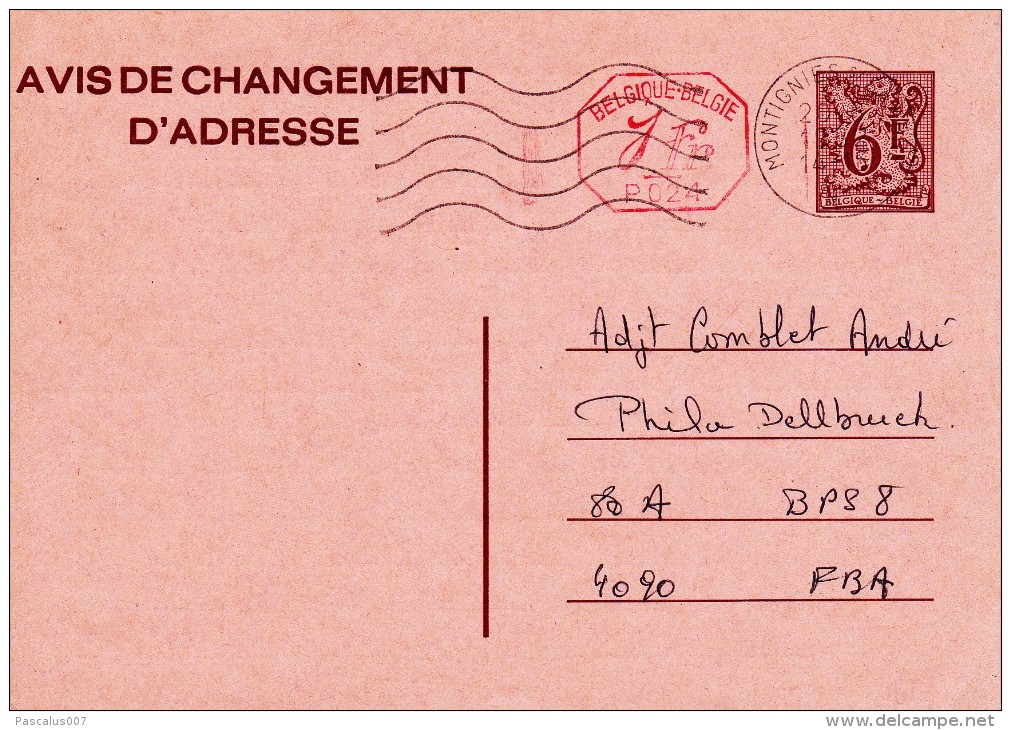 C01-153 - Belgique CEP - Carte Entier Postal - Changement D'adresse  Du 0-1-1900 - COB  - Cachet De Montignies Sur Sambr - Addr. Chang.