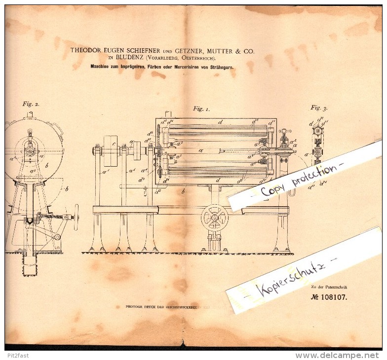 Original Patent - T. Schiefner Und Getzner , Mutter & Co In Bludenz , 1898 , Maschine Zum Färben Von Garn , Vorarlberg ! - Bludenz