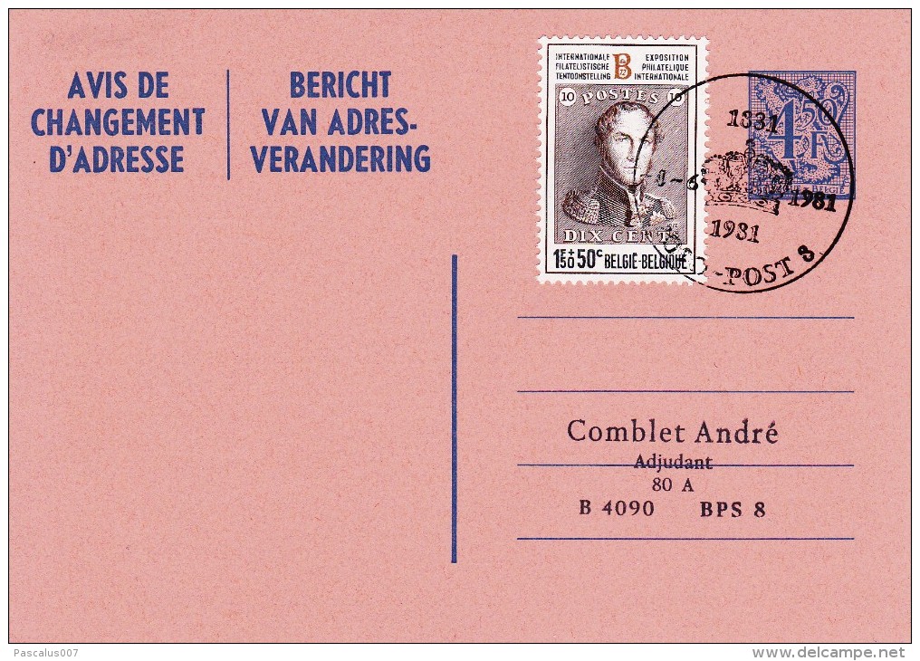 C01-156 - Belgique CEP - Carte Entier Postal - Changement D'adresse  Du 4-6-1981 - COB 1627 - Cachet De 4090 Post8 Vers - Addr. Chang.