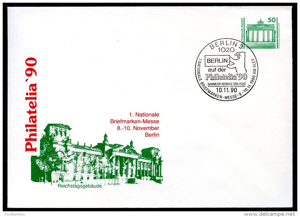 DDR PU17 D2/001-4 Privat-Umschlag PHILATELIA KÖLN Reichstagsgebäude Sost. 1990 - Privé Briefomslagen - Gebruikt