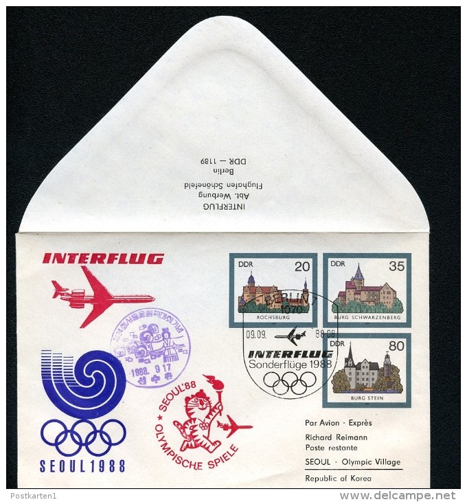 DDR U2-1-88 C3 UMSCHLAG Burgen Der DDR ZUDRUCK SONDERFLUG SEOUL 1988  NGK 10,00 € - Enveloppes Privées - Oblitérées