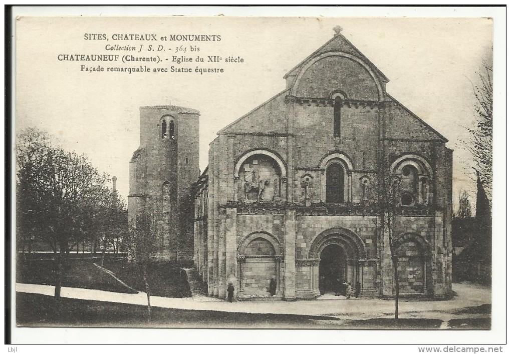 CHATEAUNEUF  , Eglise Du XII S. , Façade Remarquable Avec Statue équestre , 1917  , CPA ANIMEE - Autres & Non Classés