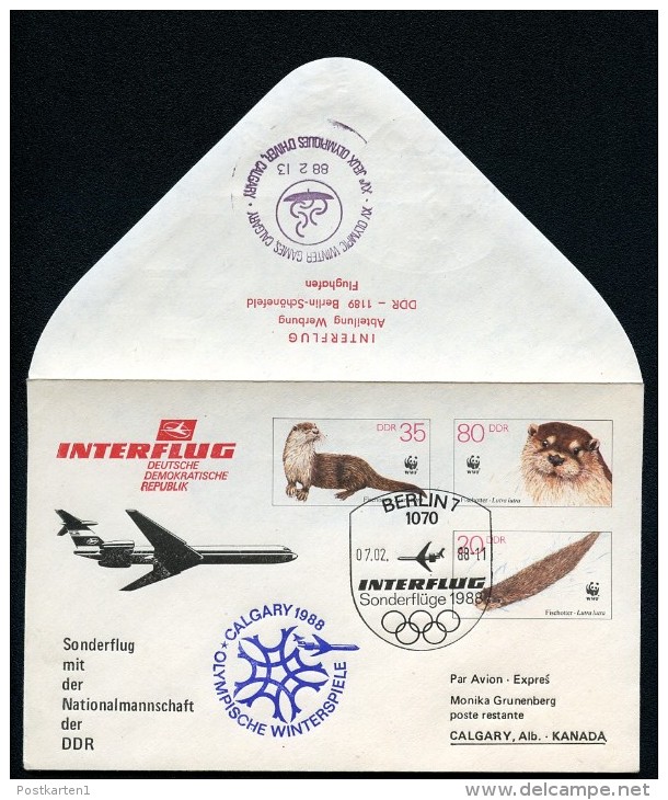 DDR U7-1-88 C2 Umschlag PRIVATER ZUDRUCK Fischotter CALGARY 1988 - Private Covers - Used