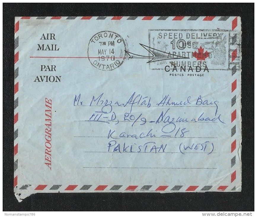 Canada 1970 Air Mail Postal Used Aerogramme Cover  Canada To Pakistan - Poste Aérienne