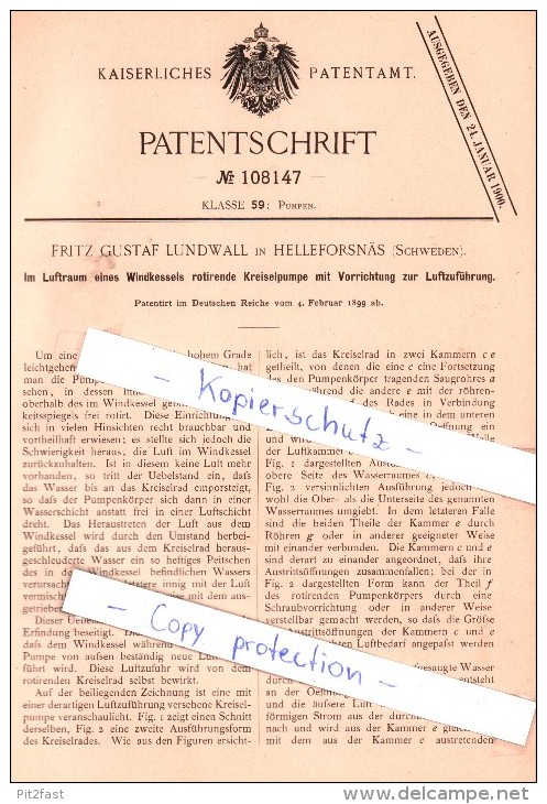 Original Patent - F. G. Lundwall In Hälleforsnäs , Schweden , 1899 , Kreiselpumpe !!! - Historische Dokumente