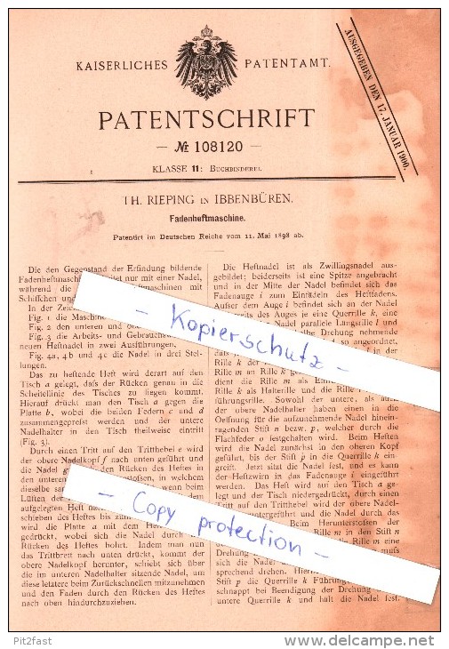Original Patent - Th. Rieping In Ibbenbüren , 1898 , Fadenheftmaschine !!! - Ibbenbüren
