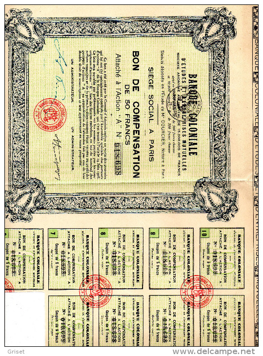 Banque Coloniale  Action "A" Au Porteur De 50frs--1931 - Banque & Assurance