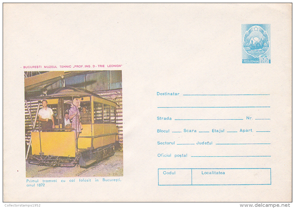 5708A, BUCHAREST FIRST HORSE TRAM, MUSEUM D-TRIE LEONIDA, 1974, COVER STATIONERY, UNUSED,ROMANIA. - Tramways