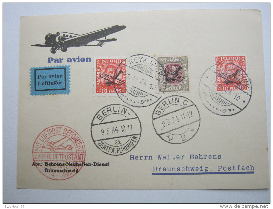 1934, Flugkarte Nach Berlin - Covers & Documents