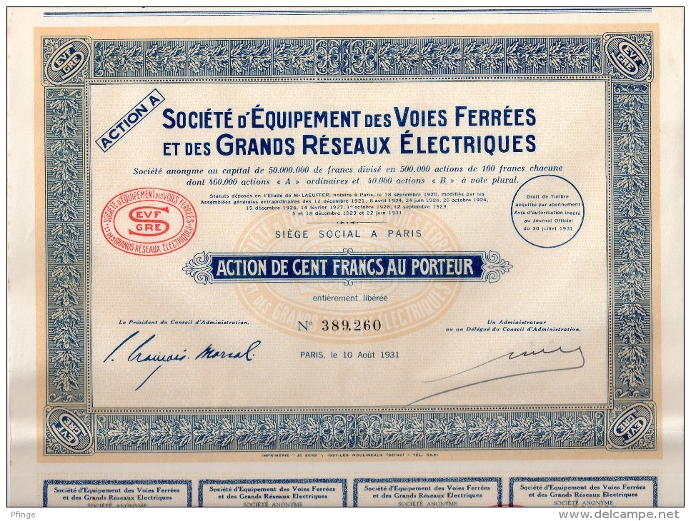 Société D'équipement Des Voies Ferrées Et Des Grands Réseaux Electriques - Action De 100 Francs Au Porteur - Chemin De Fer & Tramway