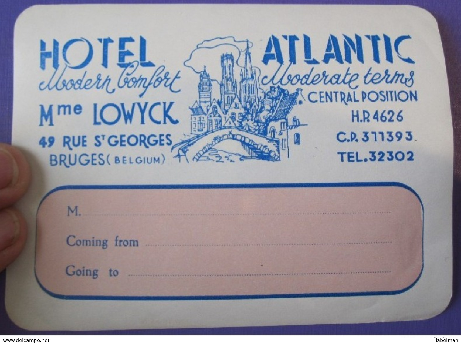 HOTEL ATLANTIC BRUGES BELGIE BELGIUM BELGIQUE TAG DECAL STICKER LUGGAGE LABEL ETIQUETTE AUFKLEBER - Hotel Labels