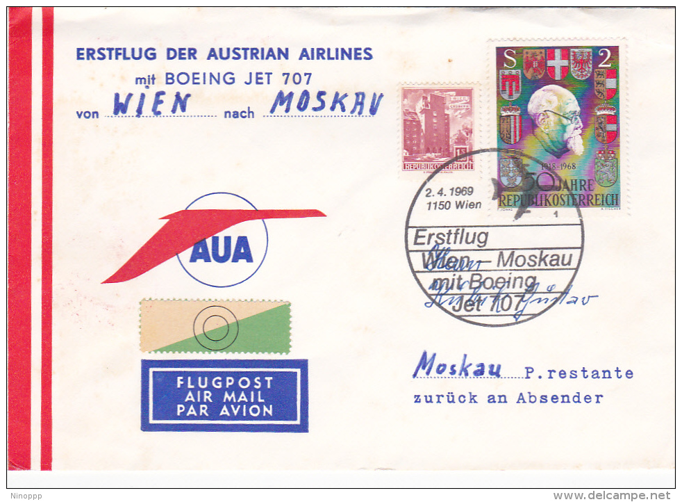 Austria 1969 First Flight Wien-Moscow By Boeing Jet 707 By AUA - Primeros Vuelos