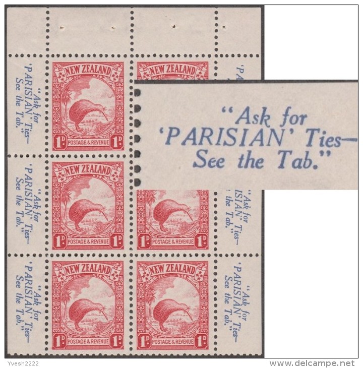 Nouvelle Zélande 1935 Y&T 194. Bloc De 6, Panneau De Carnet. Kiwi. Publicités Latérales. Cravates « Parisian » MNH - Kiwis