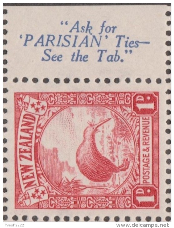 Nouvelle Zélande 1935 Y&T 194. Bloc De 6, Panneau De Carnet. Kiwi. Publicités Latérales. Cravates « Parisian » MNH - Kiwi