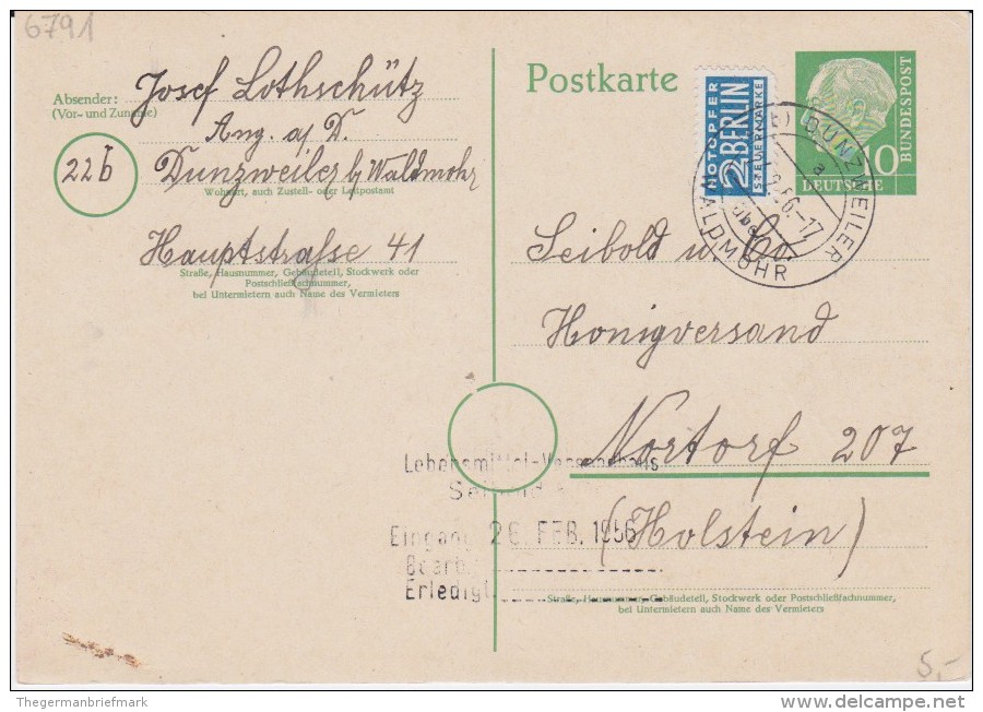 Bund Heuss Gzs P 31 PSt I Stempel Dunzweiler ü Waldmohr Pfalz 1956 - Postcards - Used