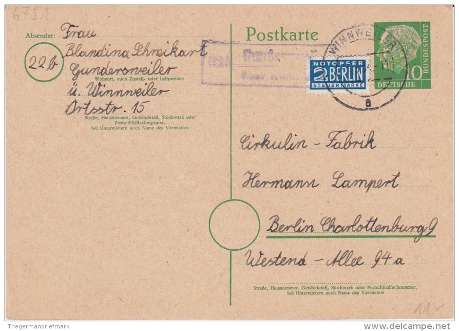 Bund Heuss Gzs P 19 Landpost Stempel Gundersweiler ü Winnweiler 1954 - Cartes Postales - Oblitérées